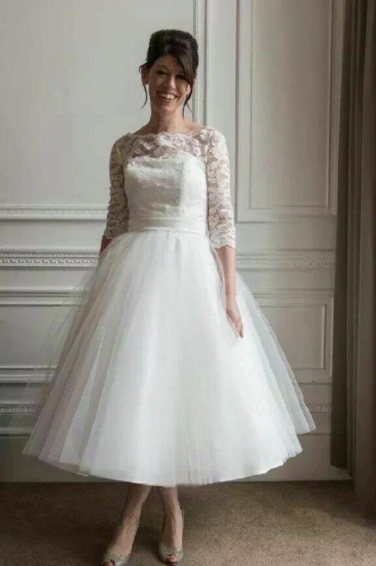 Lace Tulle Tea Length Wedding Dresses with Sleeves