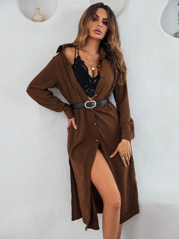 Plain Button Front Long Sleeve Collar Slit Natural Midi Dress