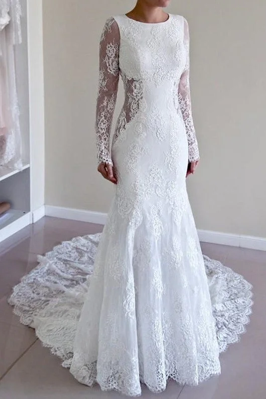 Sheer Long Sleeves Lace Wedding Dresses Backless