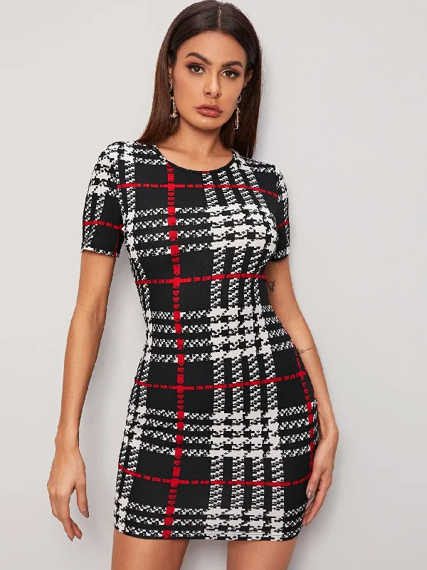 Plaid Short Sleeve Round Neck Pencil Natural Short Dress