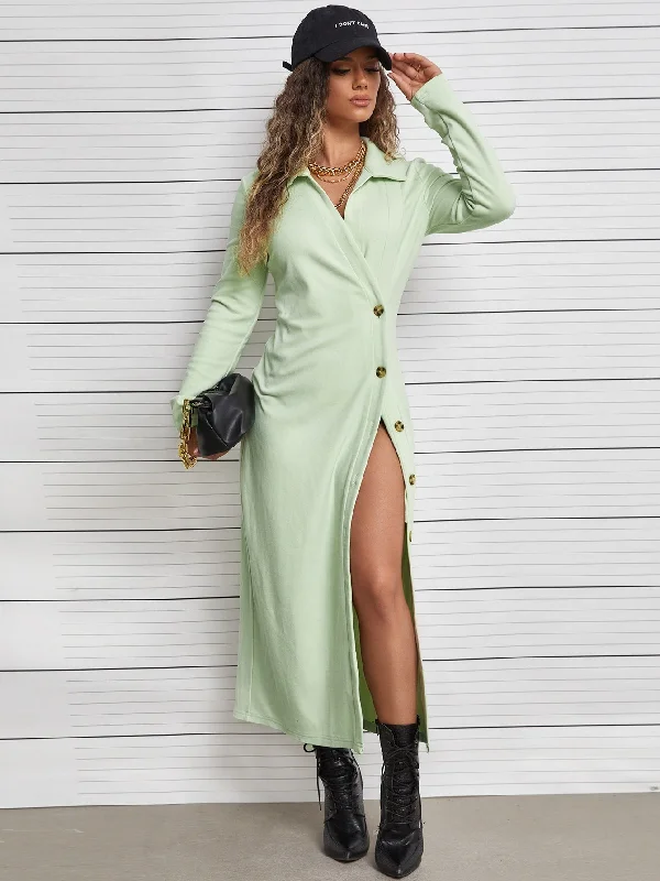 Plain Button Long Sleeve Collar Wrap Natural Long Dress