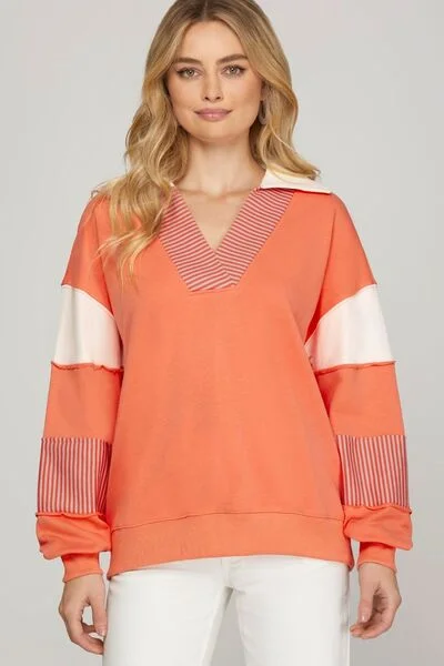 She + Sky Full Size Color Block Sleeve Johnny Collar French Terry Sweatshirt Plus Size