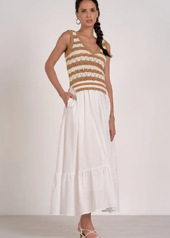 Elan Lila Midi Dress- White Tan Stripe