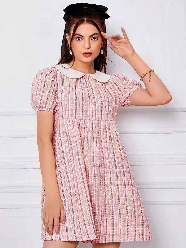 Plaid Button Short Sleeve Peter Pan Collar Flared High Waist Short Dress