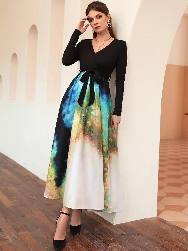 Colorblock Belted Long Sleeve V Neck Flared High Waist Long Dress