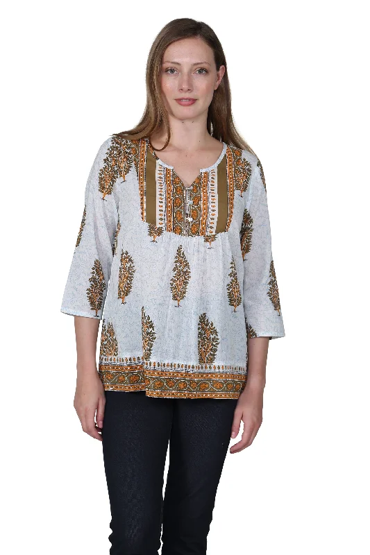 Sage Block Print Cotton Tunic Top