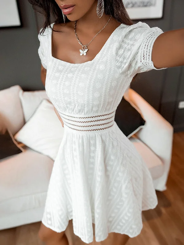 Plain Backless Short Sleeve Square Neck Flared High Waist Short Dress