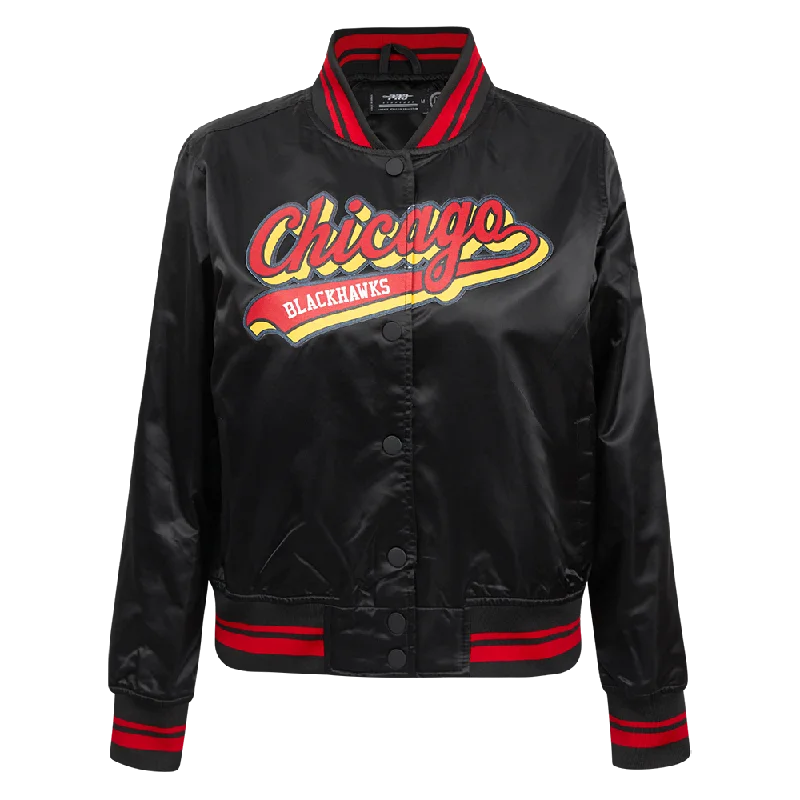 NHL CHICAGO BLACKHAWKS SCRIPT TAIL WOMEN'S SATIN JACKET (BLACK/RED/BLACK)