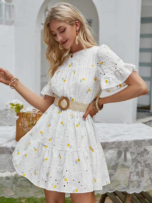 Floral Eyelet Embroidery Short Sleeve Round Neck Flounce High Waist Short Dress