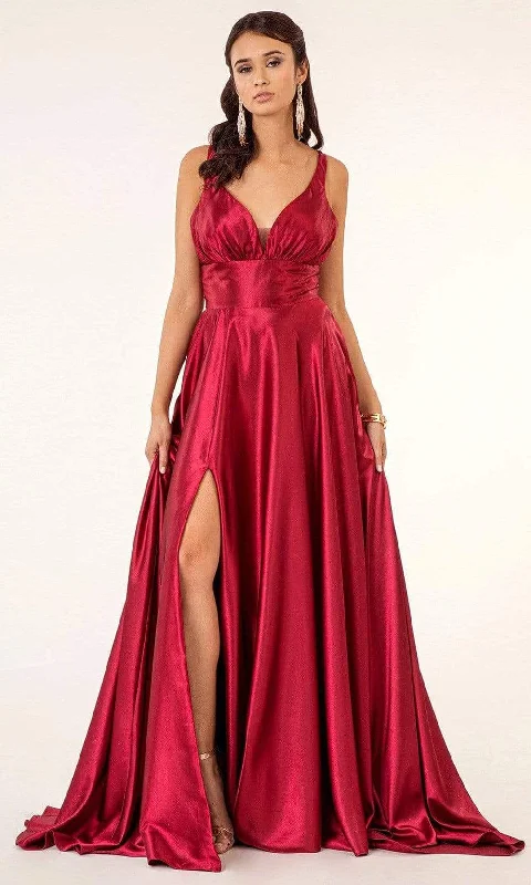 Elizabeth K - GL2963 Deep V-Neck Satin A-Line Dress with Slit