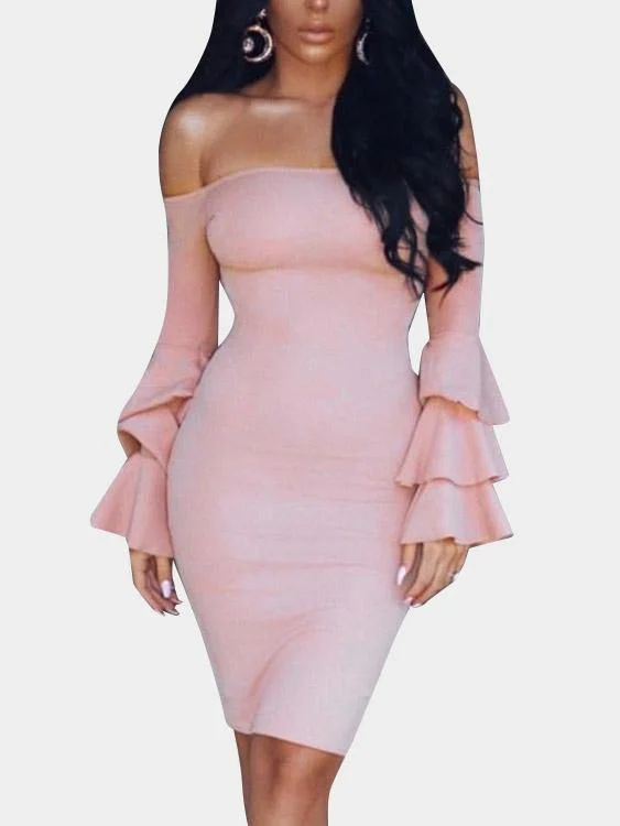 Wholesale Pink Off The Shoulder Long Sleeve Plain Mini Dress