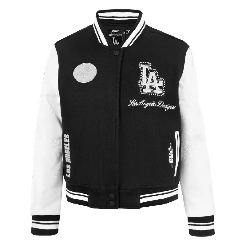 MLB LOS ANGELES DODGERS PEARLS WOMEN'S RIB WOOL VARSITY JACKET (BLACK/WHITE)