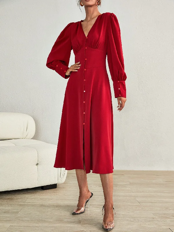 Plain Button Front Long Sleeve V Neck Flared High Waist Midi Dress