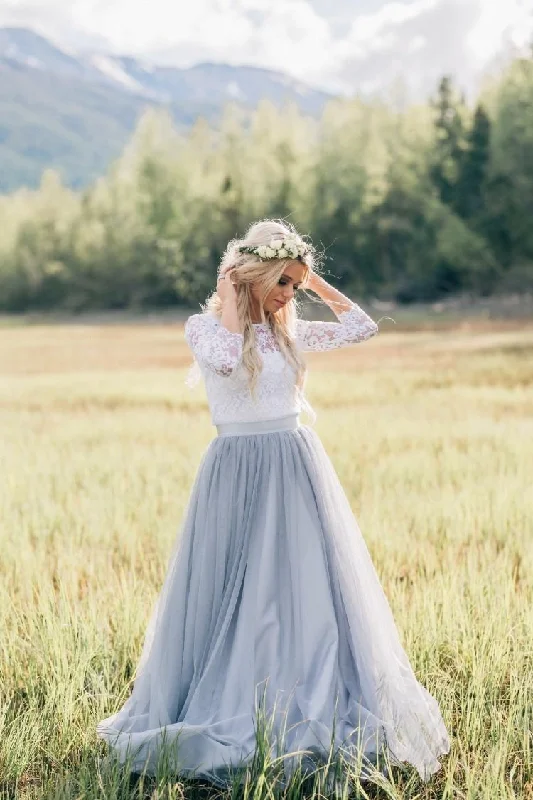 Illusion Neckline Lace Outdoor Wedding Dresses with Dusty Blue Skirt