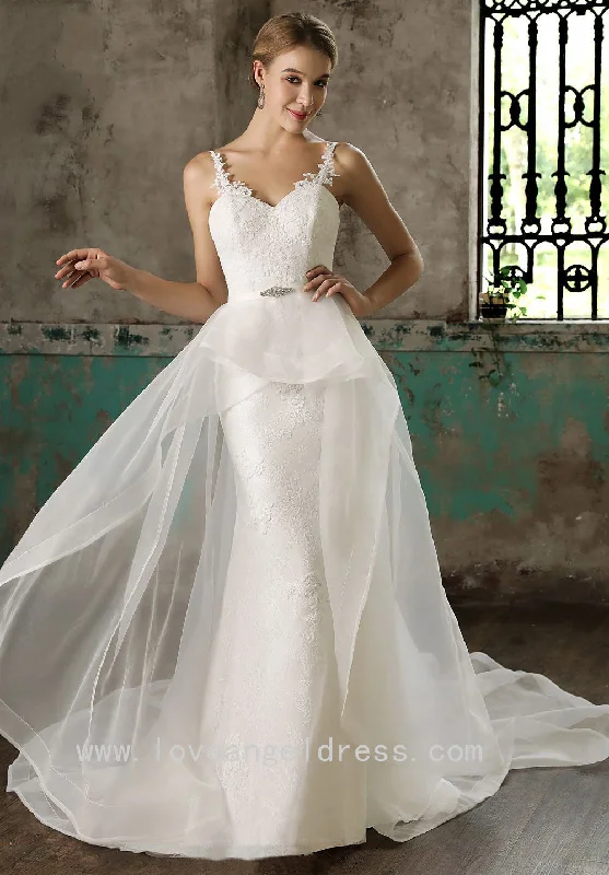 Spaghetti Straps Column Bride Lace Wedding Gown with Detachable Skirt