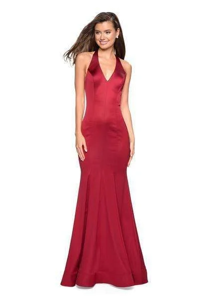 La Femme - Plunging Halter Trumpet Evening Dress 27653SC - 2 pcs Red In Size 6  and 8 Available