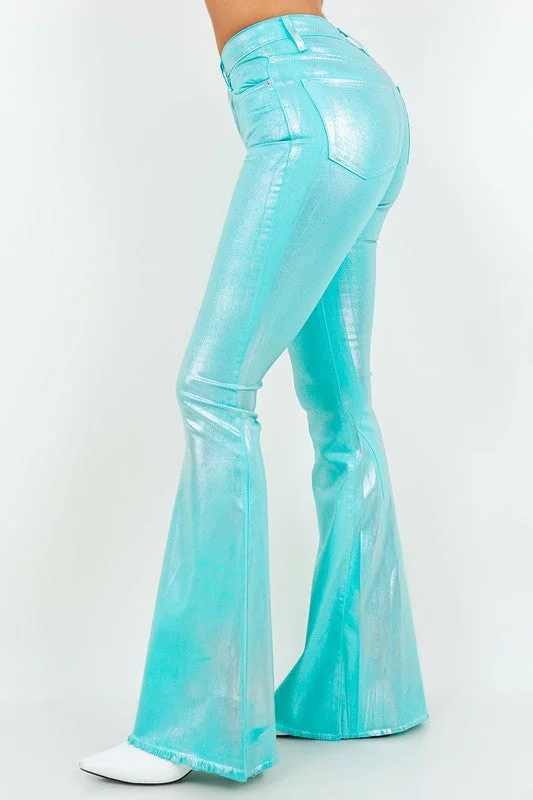 Metallic Bell Bottom Jean in Turquoise -Inseam 34