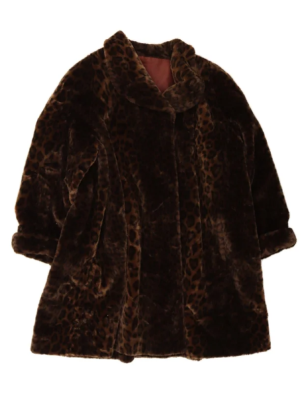 MICHEL ALEXIS Womens Faux Fur Overcoat UK 16 Large Brown Animal Print