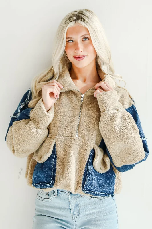 Nearest And Dearest Taupe Teddy Denim Quarter Zip Pullover