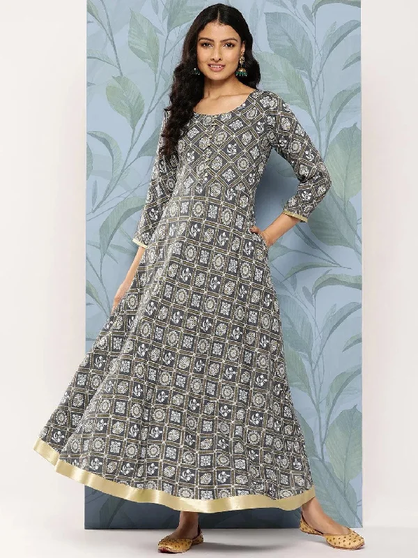 Grey Printed Rayon Fit and Flare Dress