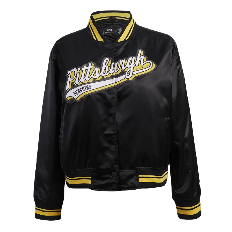 NHL PITTSBURGH PENGUINS SCRIPT TAIL WOMEN'S SATIN JACKET (BLACK/YELLOW)