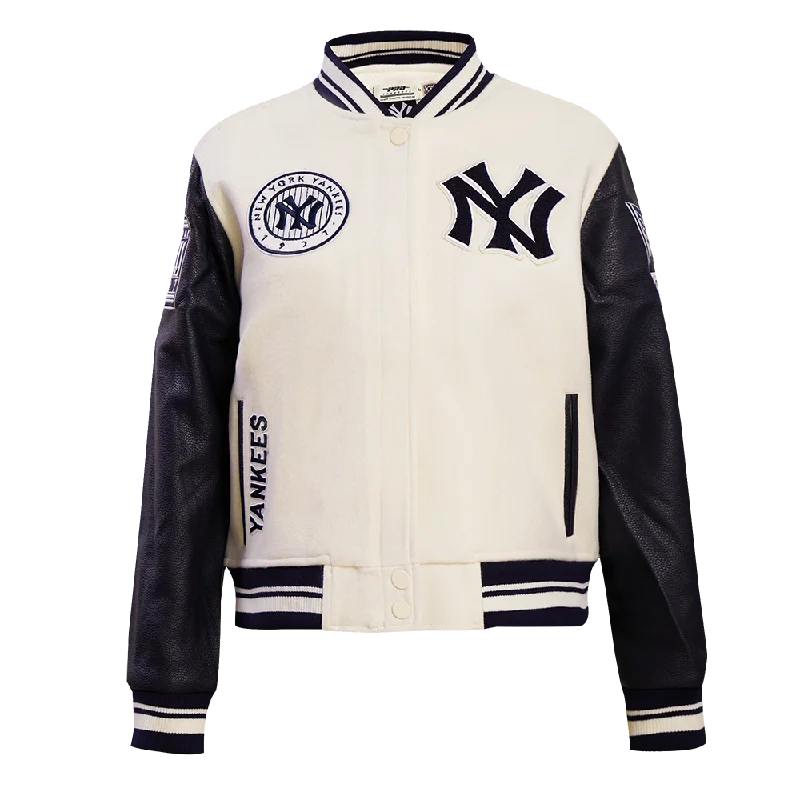 MLB NEW YORK YANKEES RETRO CLASSIC WOMEN'S RIB WOOL VARSITY JACKET (EGGSHELL/ MIDNIGHT NAVY)