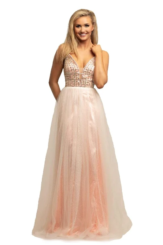 Johnathan Kayne - 2000 Sleeveless Illusion V Neck Glitter Mesh Gown - 1 pc Petal Pink In Size 6 Available