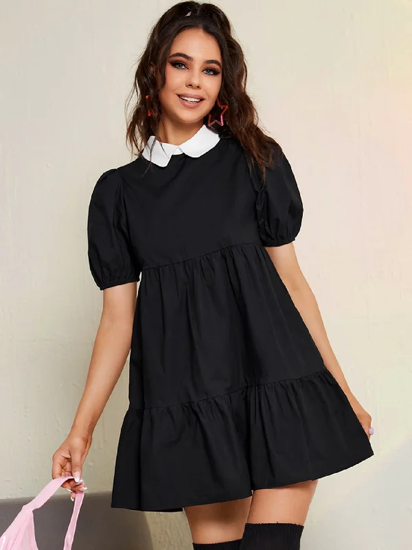 Preppy Colorblock Ruffle Hem Short Sleeve Peter Pan Collar Flounce High Waist Short Dress