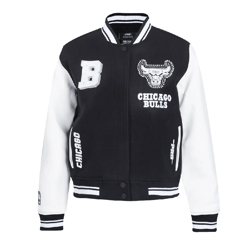 NBA CHICAGO BULLS PEARLS WOMEN'S RIB WOOL VARSITY JACKET (BLACK/WHITE)