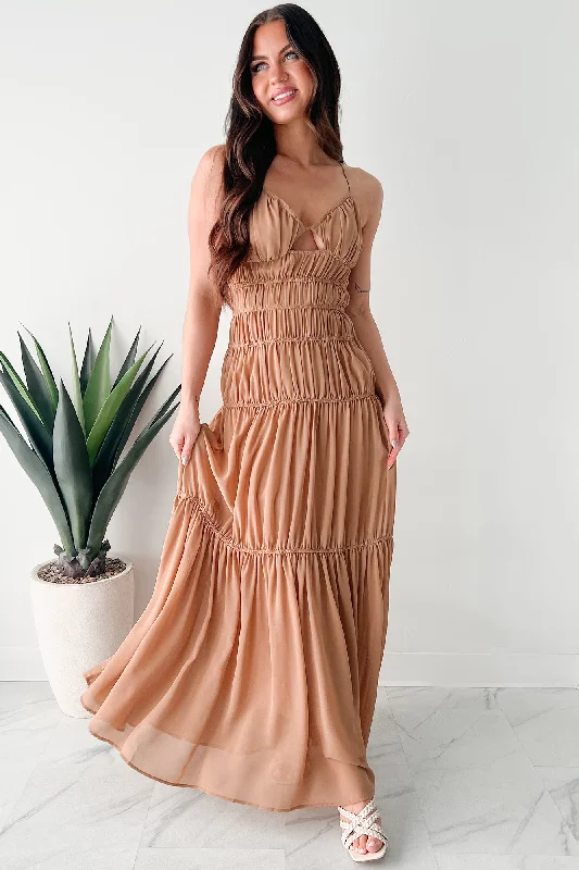 Strolling In Sicily Ruched Maxi Dress (Tan)