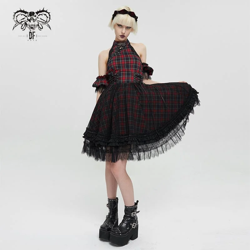 Women's Grunge Off Shoulder Cheongsam Collar Plaid Dress