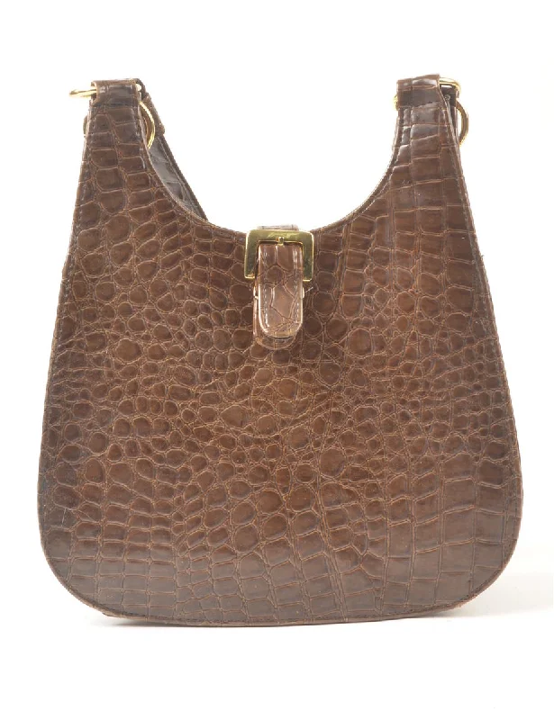 Brown & Gold Snakeskin Leather Handbag - M