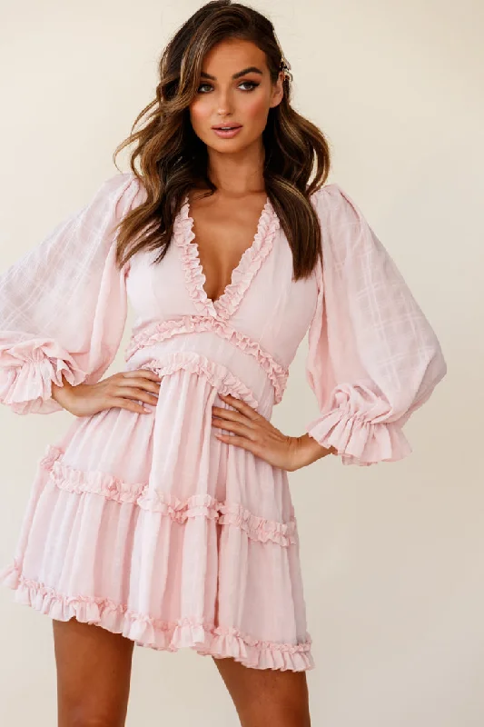 Laney Cutout Back Balloon Sleeve Dress Baby Pink