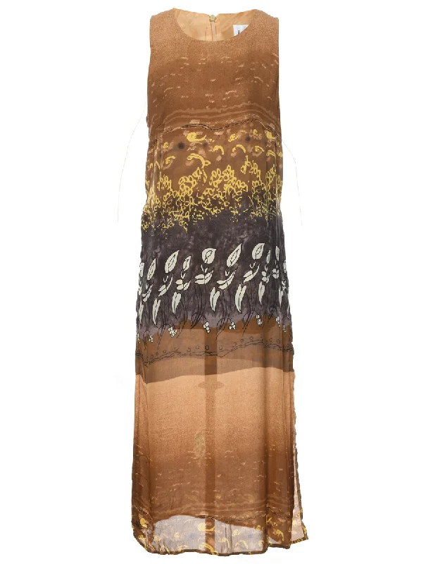 Brown Floral Print Maxi Dress - M