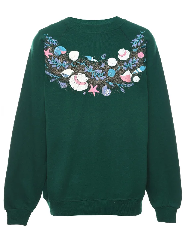 Dark Green 1990s Printed Shell Design Sweatshirt - L