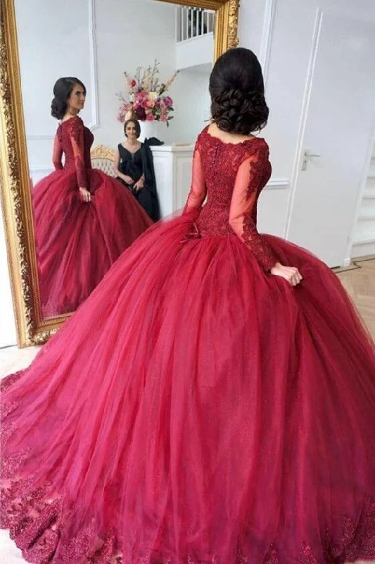 Scoop Neck Lace Tulle Red Ball Gowns Long Sleeved Evening Dresses