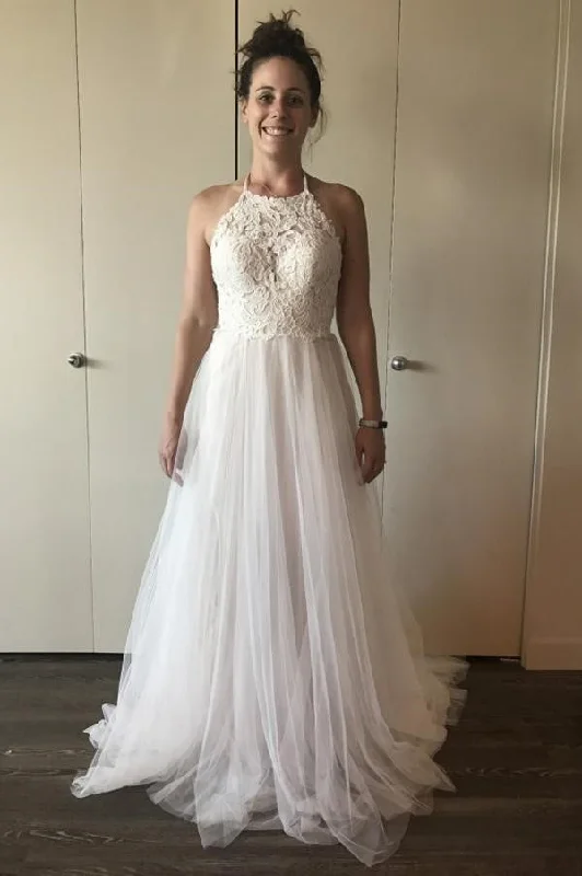 A-line Lace Tulle Ivory Wedding Dress Boho Style Online