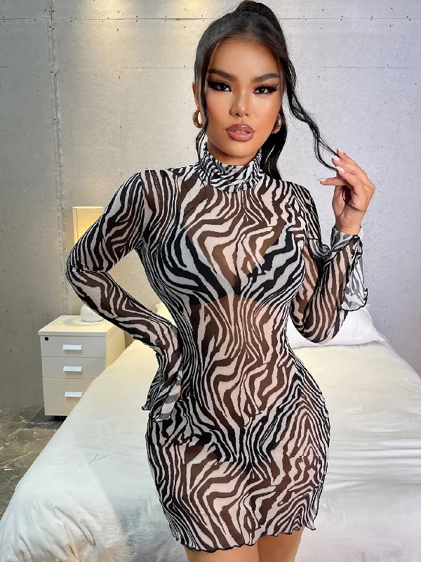 Zebra Stripe Split Long Sleeve High Neck Pencil Natural Mini Dress