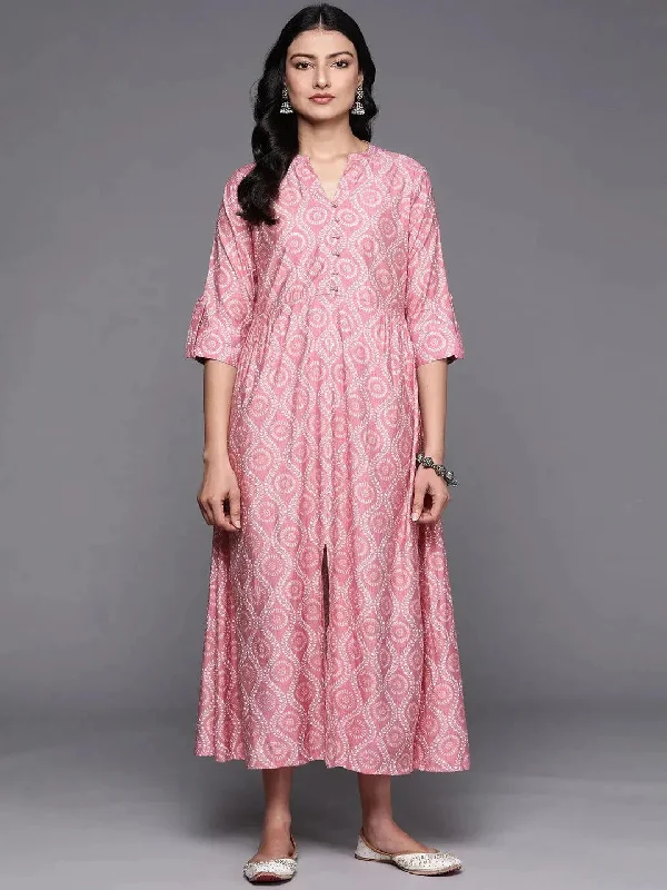 Pink Printed Silk Fit and Flare Dress