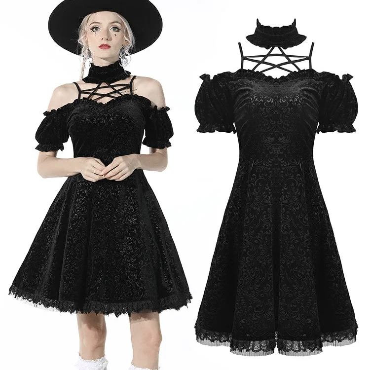 Women's Gothic Stand Collar Off Shoulder Black Velvet Dress