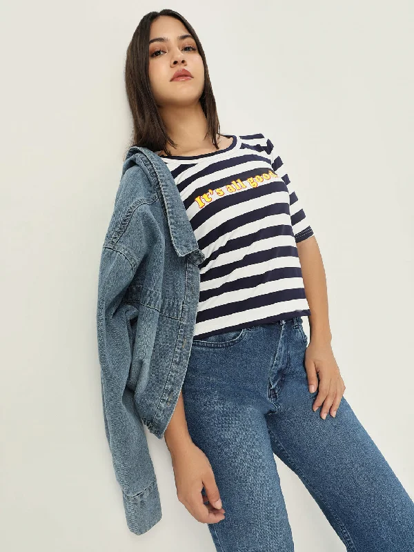 Women Striped Navy Blue T Shirt