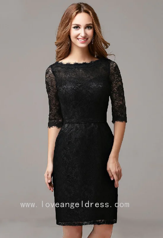 Slim Short Black Lace Cocktail Dress with Half Sleeves Vestido de coctail