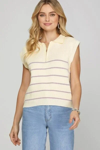 She + Sky Ribbed Hem Striped Half Zip Sweater Vest