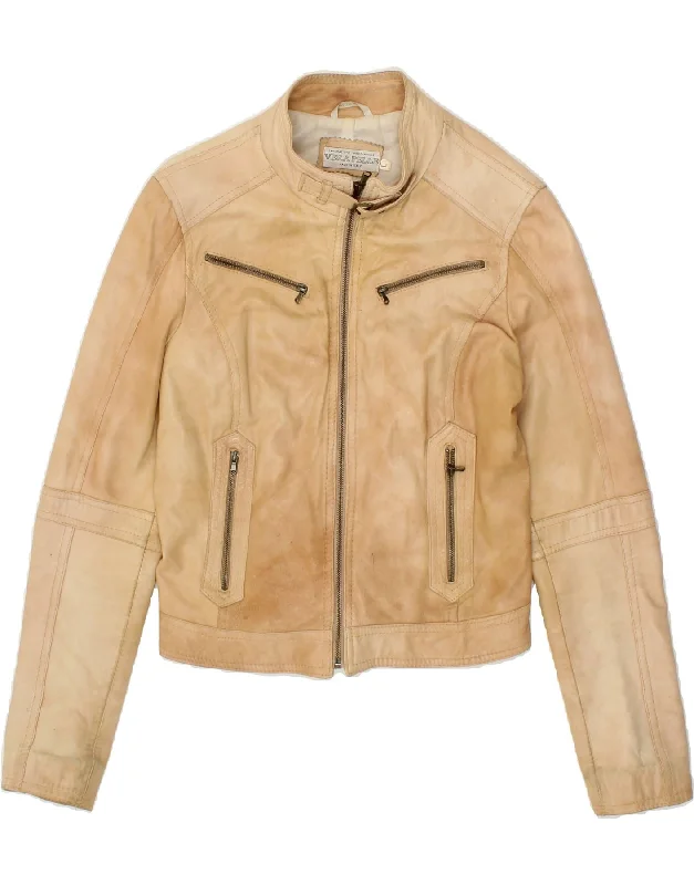 VINTAGE Womens Crop Leather Jacket UK 14 Large Beige Leather Biker