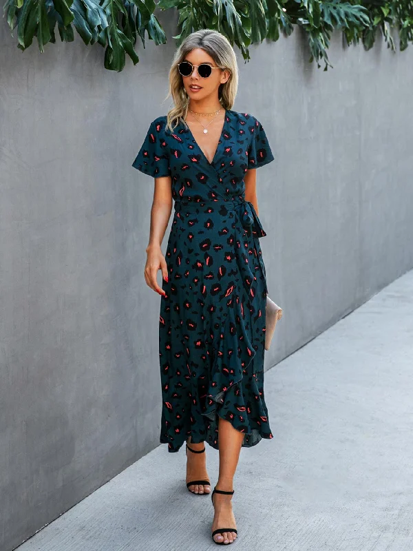 All Over Print Knot Short Sleeve V Neck Asymmetrical High Waist Long Dress