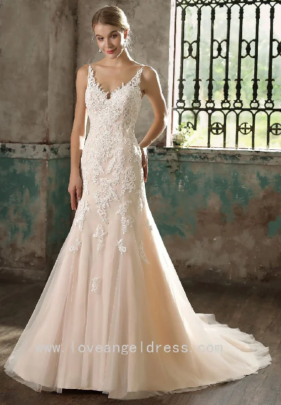 V-neckline Appliques Fit&Flare Bride Dress Champagne Wedding Gowns Online