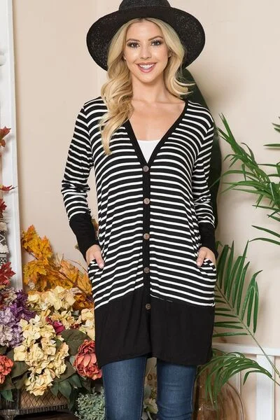 Celeste Full Size Striped Button Up Long Sleeve Cardigan Plus Size