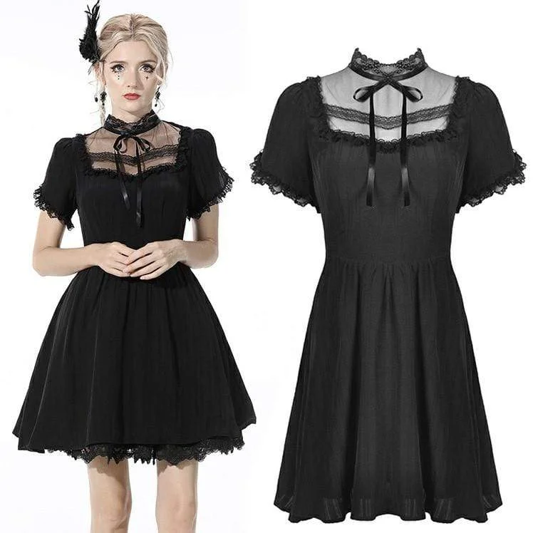 Women's Gothic Bowknot Pleated Black Dress