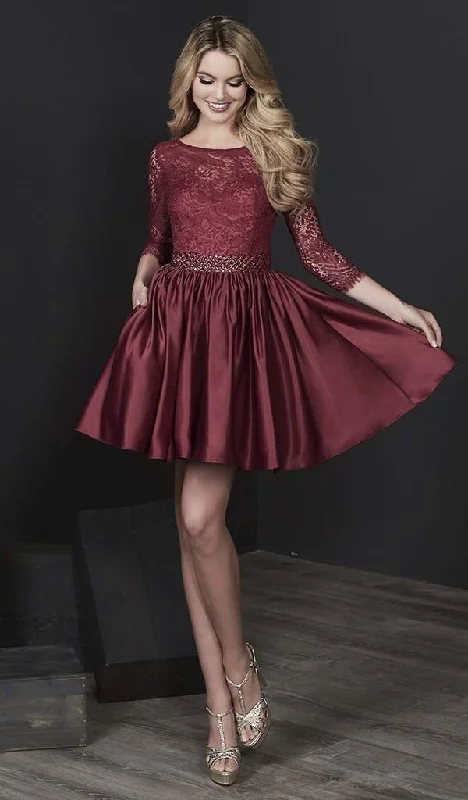 Tiffany Homecoming - Lace Quarter Length Sleeves A-Line Cocktail Dress 27202 - 1 pc Burgundy In Size 2 Available