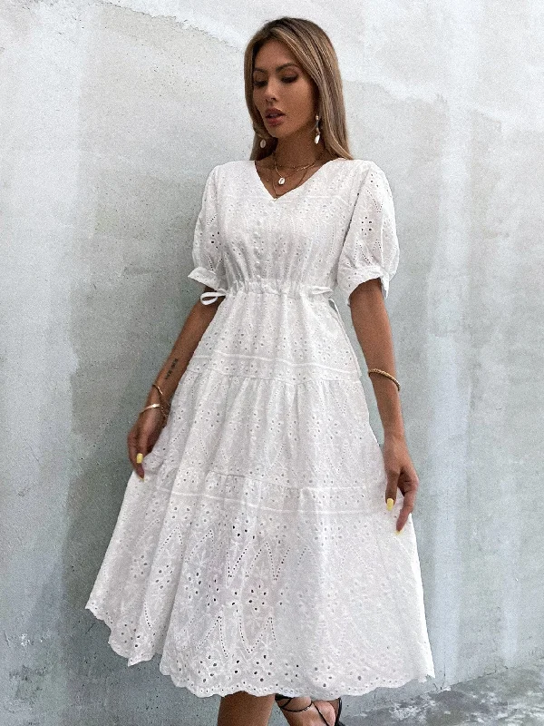 Plain Eyelet Embroidery Short Sleeve V Neck Flared High Waist Midi Dress